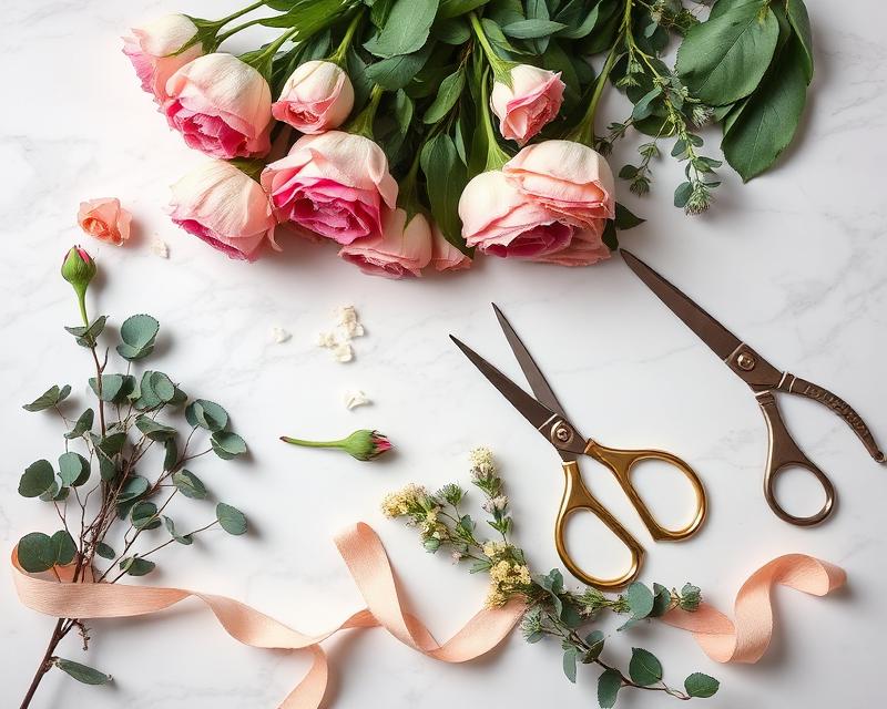 Floristry workspace flat lay